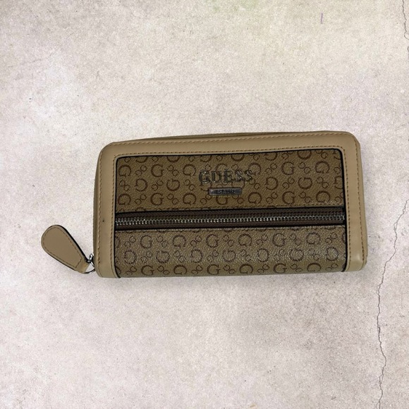Guess Handbags - GUESS Womens Brown Monogram Logo Zip Around Wallet Tan Trim